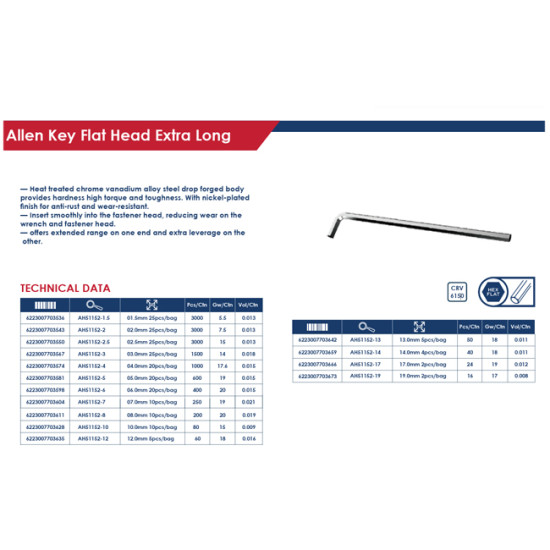 ( CR-V ) مفتاح ألـن مـسـدس اكثر طولا 6.0 مم صينى ah51152-6