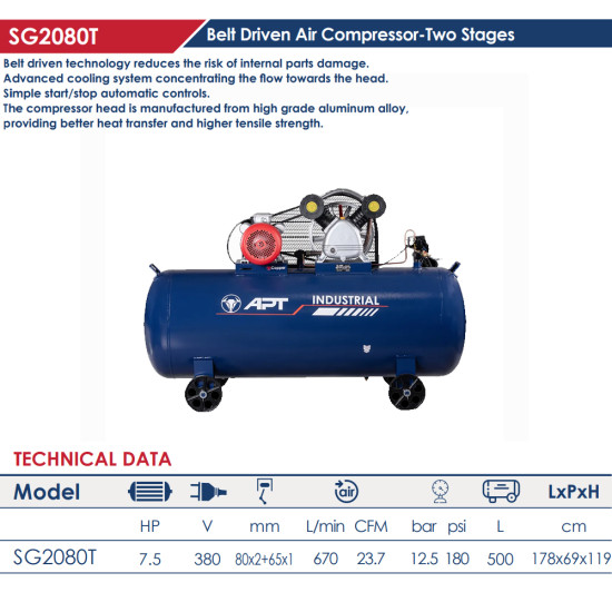 SG2080T كمبرسور 500لتر 7.5ح سير 12.5 بار(380ف) صينى