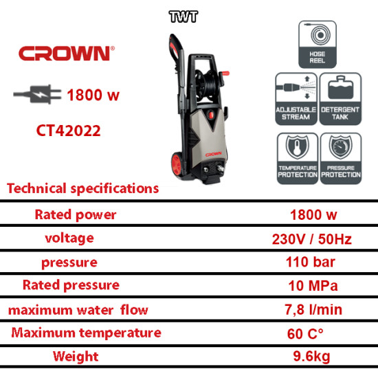 CT42022 ماكينة غسيل 140 بار 1800 واط 7.8 ل/د+بكرة خرطوم