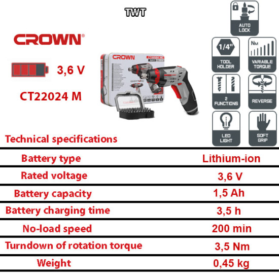 CT22024 كيت شنيور مفك بطارية 3.6ف .ن.م 1.5أمبير + أكسسوار