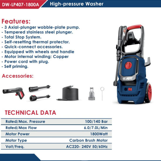 ماكينة غسيل 140 بار 420 ل/س 2200 واط  dw-lp407-1800a