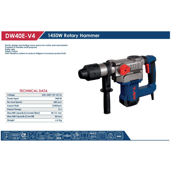 كيت شاكوش ماكس 1450 وات 40 مم ( 6 كجم )  DW40E-V4