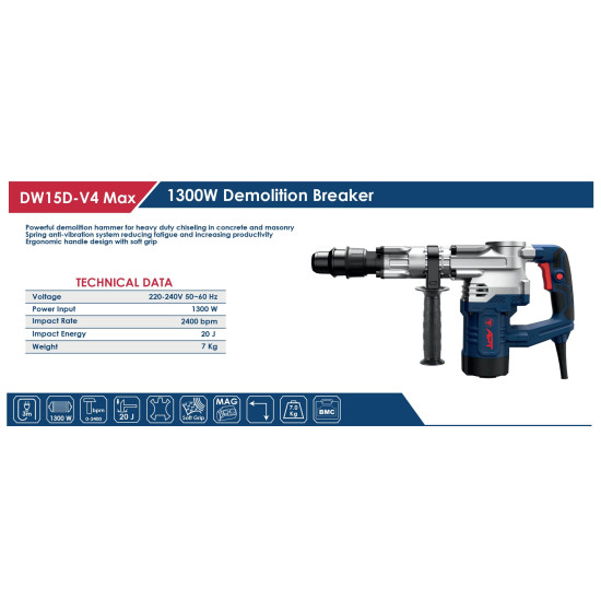 كيت شاكوش تكسير 1300 وات 7ك 2400 ض/د 20 جول DW15D-V2 MAX
